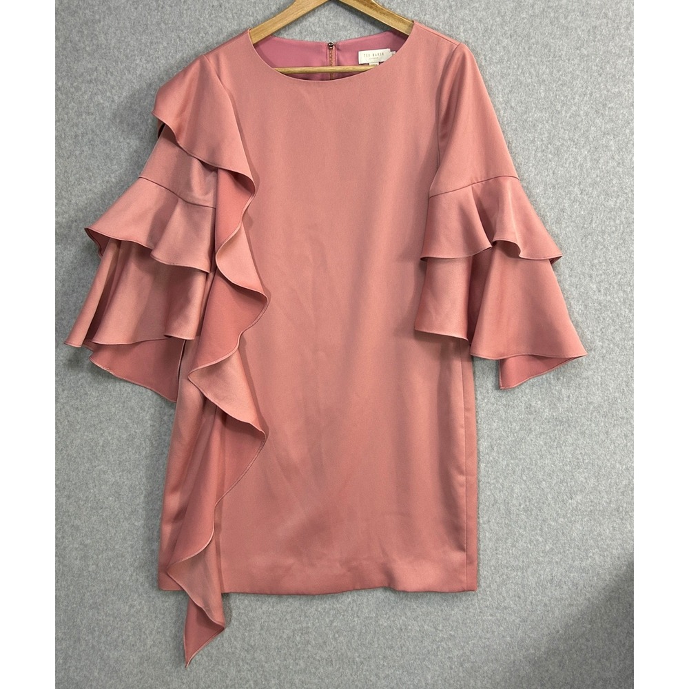 Ted Baker Eicio Ruffle Sleeve Shift Dress Rose Pink Cascading Women Size 2 US M